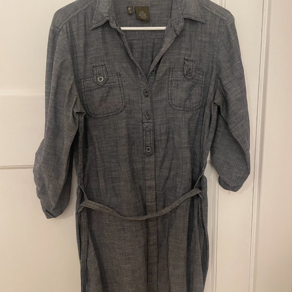 Small Petite ANTHROPOLOGIE FEI Chambray Belted Mini Collared Dress Rolled Sleeve